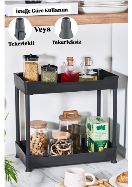 İki katlı tekerlekli mutfak ve banyo düzenleyici, siyah plastik malzeme