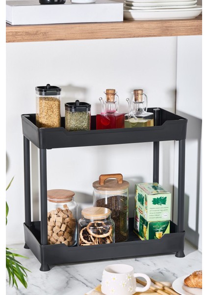 İki katlı tekerlekli mutfak ve banyo düzenleyici, siyah plastik malzeme fiyatları