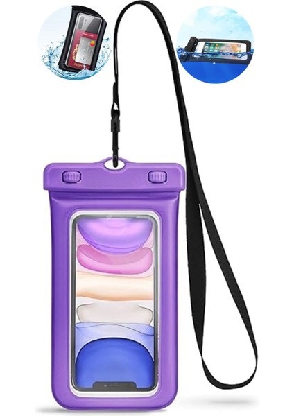 Mor su geçirmez balonlu telefon kılıfı, su altı kullanımı ve koruma için ideal, 3+ yaş.
