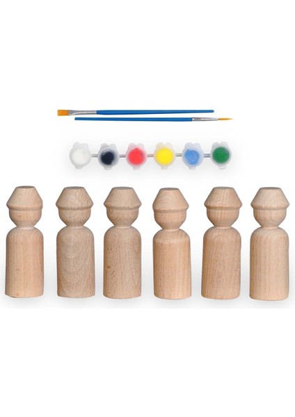 Montessori Toys Ahşap El Yapımı Peg Bebek 6'lı Boyama Seti Fırça Boya Dahil -PEG13-9,5CM