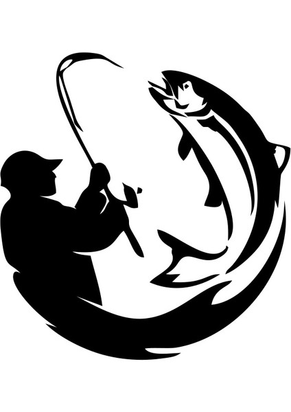 Balıkçı Balık Yakalayan Adam Sticker 17X17 cm Siyah