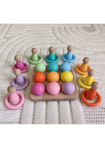 Montessori Eşleştirme Tablalı Top Halka Peg Bebek Seti - 9 Renk