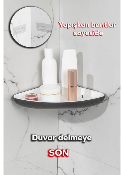 Yapışkanlı Banyo Köşeliği Rafı, Duş Düzenleyici Askısı, Antrasit Gri Plastik