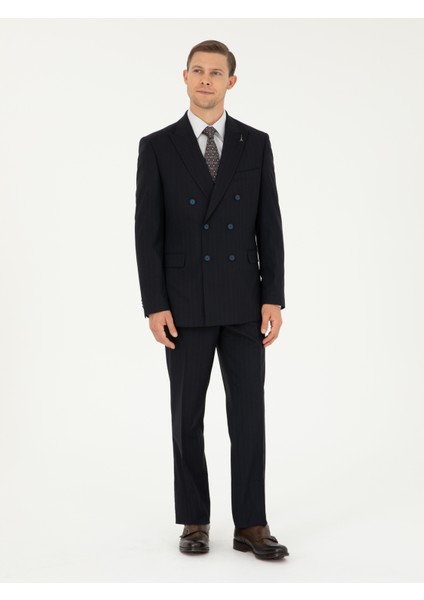 Erkek Koyu Lacivert Slim Fit Çizgili Kruvaze Takım Elbise 50293931-VR100