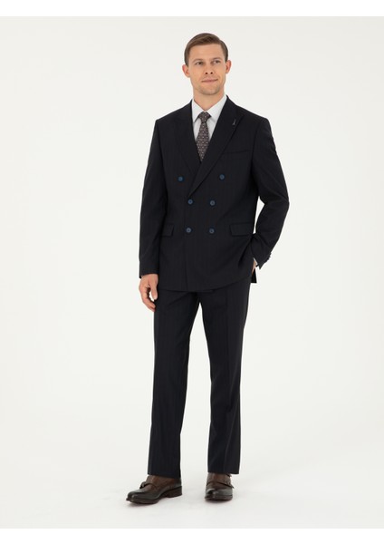 Erkek Koyu Lacivert Slim Fit Çizgili Kruvaze Takım Elbise 50293931-VR100