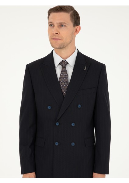Erkek Koyu Lacivert Slim Fit Çizgili Kruvaze Takım Elbise 50293931-VR100