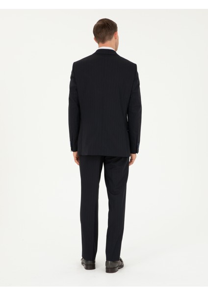 Erkek Koyu Lacivert Slim Fit Çizgili Kruvaze Takım Elbise 50293931-VR100