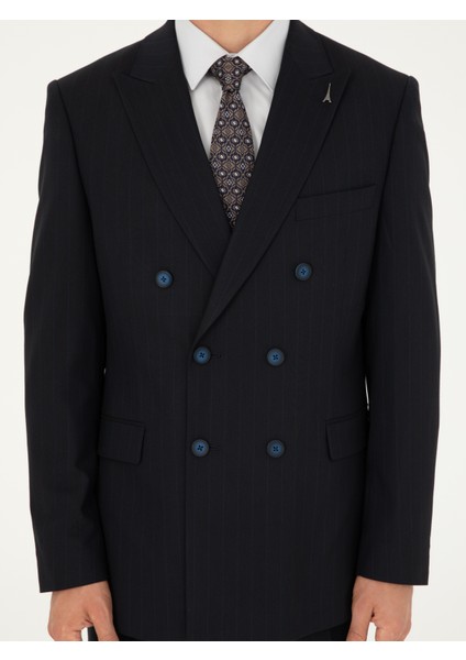 Erkek Koyu Lacivert Slim Fit Çizgili Kruvaze Takım Elbise 50293931-VR100