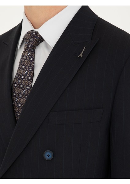 Erkek Koyu Lacivert Slim Fit Çizgili Kruvaze Takım Elbise 50293931-VR100