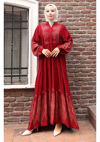 Yarım Düğmeli Uzun Patlı Elbise 5579-03 Bordo