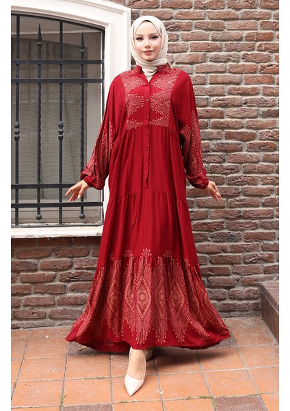 Yarım Düğmeli Uzun Patlı Elbise 5579-03 Bordo fiyatları