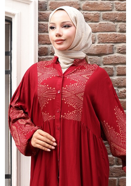 Yarım Düğmeli Uzun Patlı Elbise 5579-03 Bordo modelleri