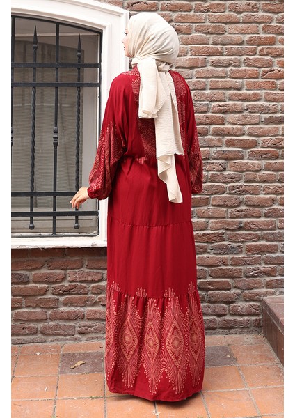 Yarım Düğmeli Uzun Patlı Elbise 5579-03 Bordo indirimleri