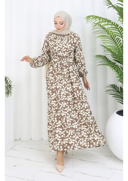 Beli Bağcıklı Desenli Viskon Elbise 2083-03 Vizon fiyatları