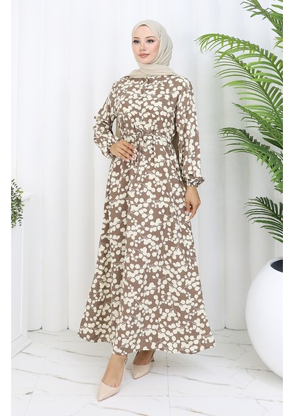 Beli Bağcıklı Desenli Viskon Elbise 2083-03 Vizon modelleri