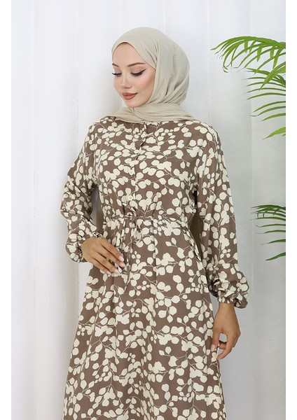 Beli Bağcıklı Desenli Viskon Elbise 2083-03 Vizon fırsatları