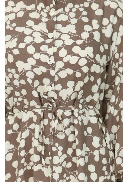 Beli Bağcıklı Desenli Viskon Elbise 2083-03 Vizon indirimleri