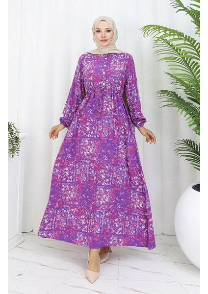 Beli Bağcıklı Desenli Viskon Elbise 2084-03 Lila
