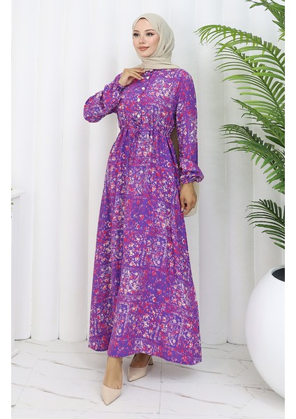 Beli Bağcıklı Desenli Viskon Elbise 2084-03 Lila fiyatları