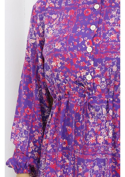 Beli Bağcıklı Desenli Viskon Elbise 2084-03 Lila fırsatları