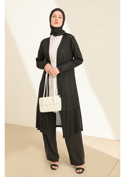 Sade Ince Basic Uzun Hırka Tesettür Hırka Anne Hırka 8755-01 Siyah