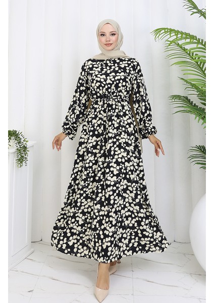 Beli Bağcıklı Desenli Viskon Elbise 2083-05 Siyah