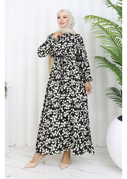 Beli Bağcıklı Desenli Viskon Elbise 2083-05 Siyah fiyatları