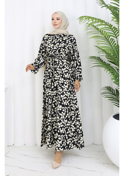 Beli Bağcıklı Desenli Viskon Elbise 2083-05 Siyah modelleri