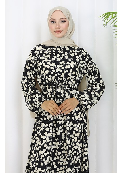 Beli Bağcıklı Desenli Viskon Elbise 2083-05 Siyah fırsatları