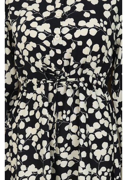 Beli Bağcıklı Desenli Viskon Elbise 2083-05 Siyah indirimleri