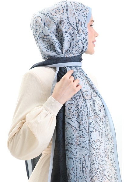 Karaca Desenli Cotton Şal 82003-02 Bebek Mavisi Lacivert modelleri
