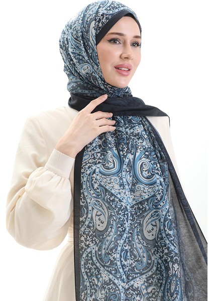 Karaca Desenli Cotton Şal 82003-06 Lacivert Krem