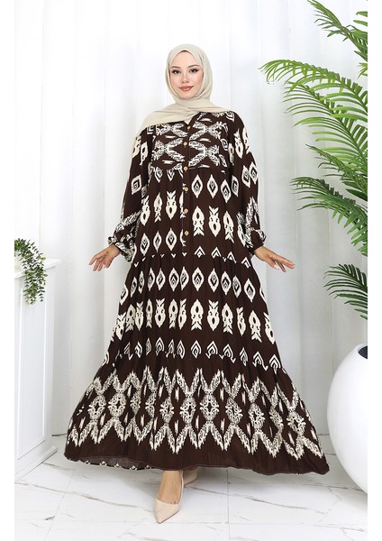 Viskon Kumaş Yarım Düğmeli Desenli Elbise 0107-02 Kahverengi