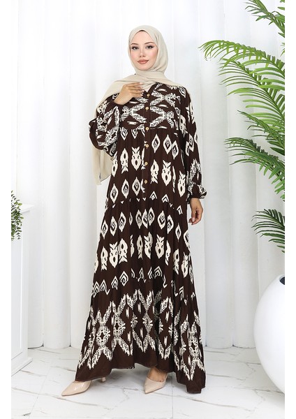 Viskon Kumaş Yarım Düğmeli Desenli Elbise 0107-02 Kahverengi fiyatları