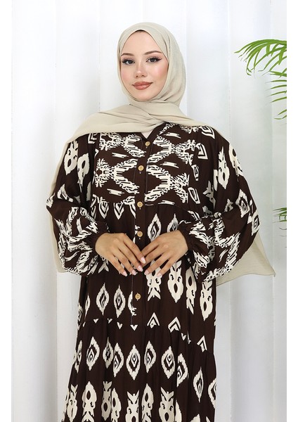 Viskon Kumaş Yarım Düğmeli Desenli Elbise 0107-02 Kahverengi modelleri