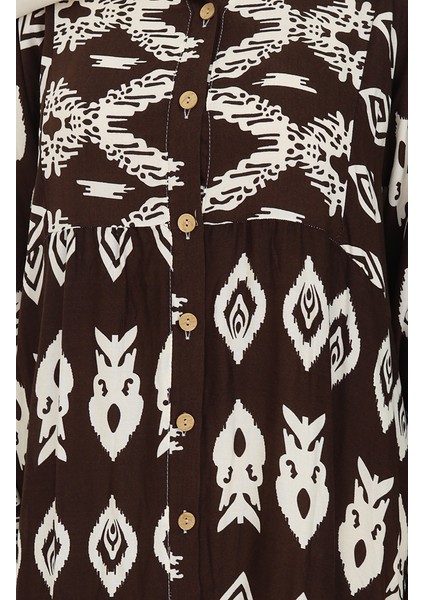 Viskon Kumaş Yarım Düğmeli Desenli Elbise 0107-02 Kahverengi fırsatları