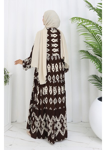 Viskon Kumaş Yarım Düğmeli Desenli Elbise 0107-02 Kahverengi indirimleri