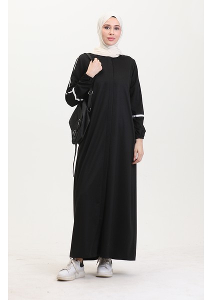 Kol Baskılı Fermuarlı Ferace 13045-02 Siyah