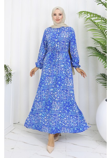 Beli Bağcıklı Desenli Viskon Elbise 2084-02 Indigo