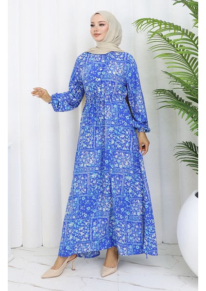Beli Bağcıklı Desenli Viskon Elbise 2084-02 Indigo fiyatları
