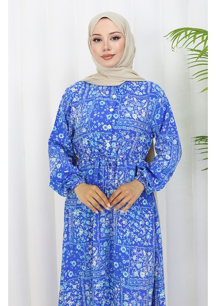 Beli Bağcıklı Desenli Viskon Elbise 2084-02 Indigo modelleri