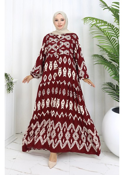 Viskon Kumaş Yarım Düğmeli Desenli Elbise 0107-04 Bordo