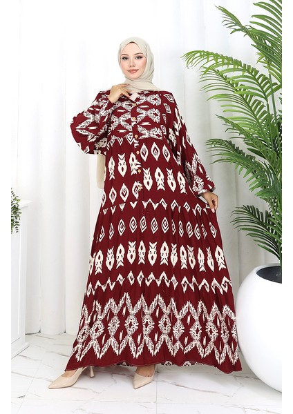 Viskon Kumaş Yarım Düğmeli Desenli Elbise 0107-04 Bordo modelleri