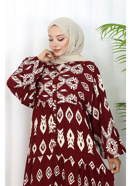 Viskon Kumaş Yarım Düğmeli Desenli Elbise 0107-04 Bordo fırsatları