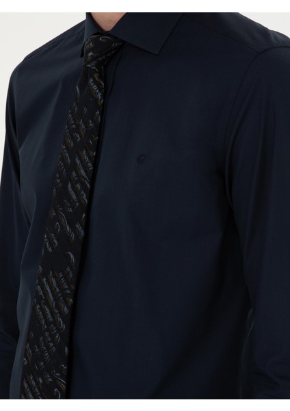 Erkek Lacivert Slim Fit Pamuk Klasik Gömlek 50294755-VR033