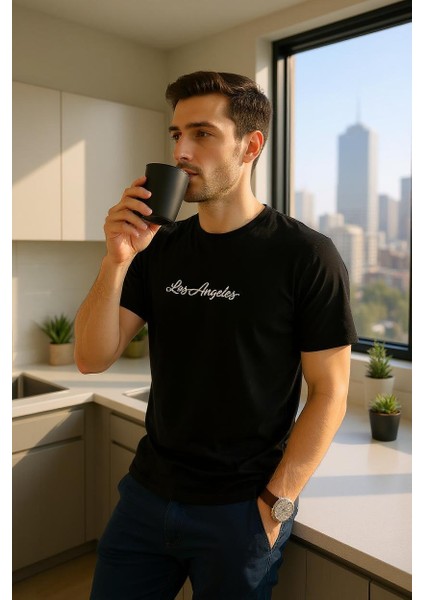 Erkek Slim Fit Los Angeles Baskılı Pamuklu T-Shirt