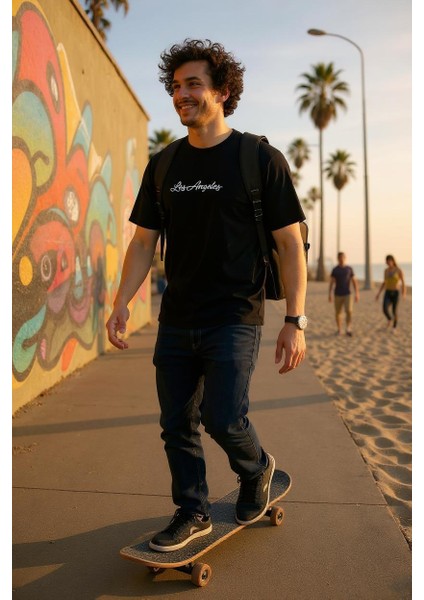 Erkek Slim Fit Los Angeles Baskılı Pamuklu T-Shirt fiyatları
