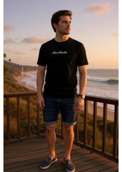 Erkek Slim Fit Los Angeles Baskılı Pamuklu T-Shirt fırsatları
