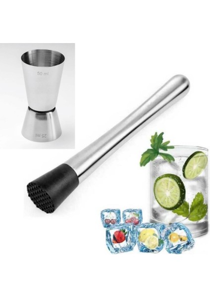 Mojito Tokmağı + Zicco 2.5/5 cl Jigger Kokteyl Ölçeği Tokmak Kokteyl Seti Koktely Seti Siyah