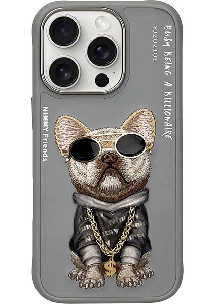 iPhone 16 Pro Uyumlu 3D Gözlük Dolar Zincir Köpek Nakış İşlemeli Kabartmalı Cool Glasses Kılıf